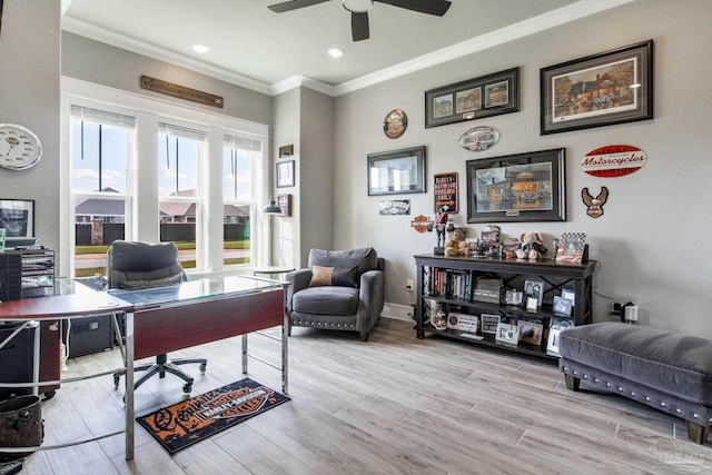 2420 Meeting St, Cantonment, FL 32533 - home office featuring baseboards, ornamental molding, recessed lighting, a ceiling fan, and wood finished floors