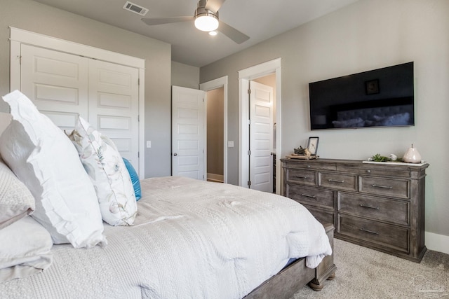 2420 Meeting St, Cantonment, FL 32533 - bedroom with visible vents, a ceiling fan, a closet, and carpet floors