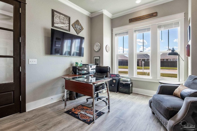 2420 Meeting St, Cantonment, FL 32533 - office area with ornamental molding, baseboards, and light wood-type flooring