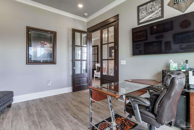 2420 Meeting St, Cantonment, FL 32533 - office space featuring crown molding, french doors, baseboards, and wood finished floors