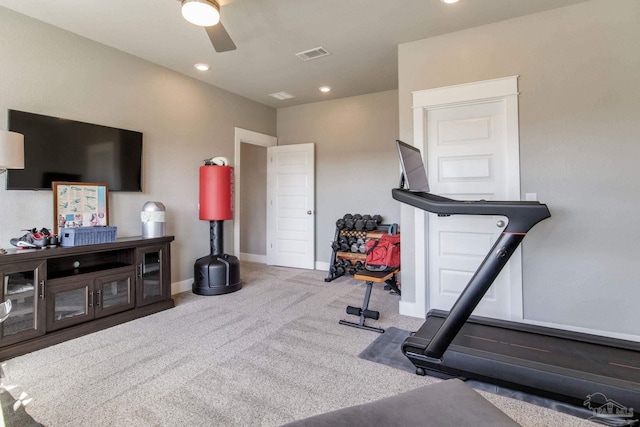 2420 Meeting St, Cantonment, FL 32533 - workout area featuring baseboards, recessed lighting, a ceiling fan, visible vents, and carpet