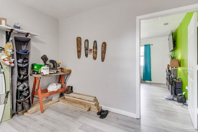 interior space with attic access, baseboards, and wood finished floors