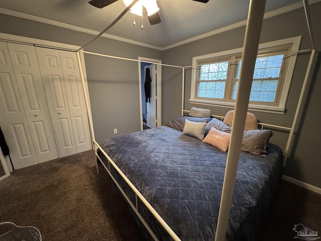 carpeted bedroom with ornamental molding and ceiling fan