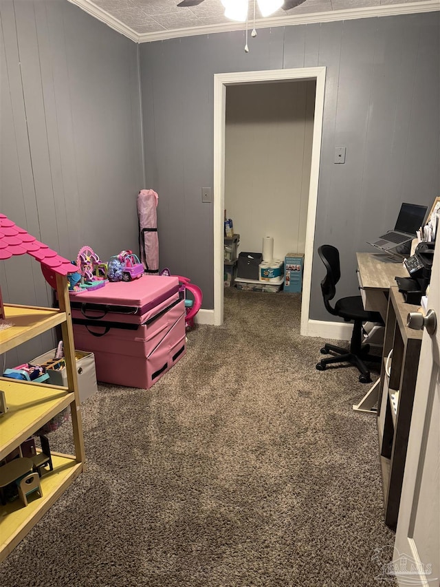 bedroom with crown molding and carpet floors