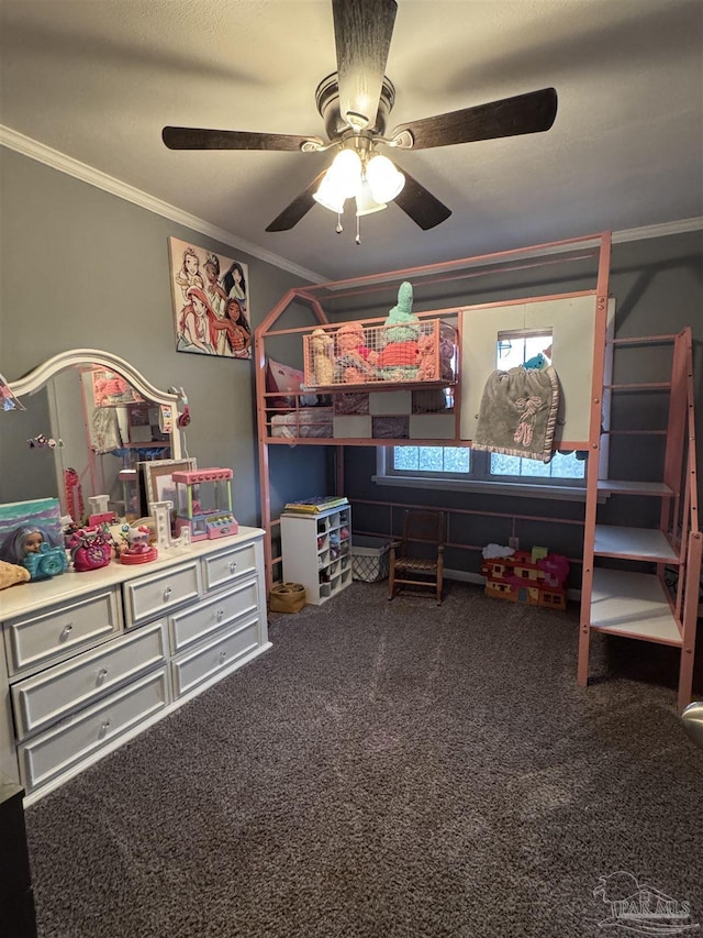 carpeted bedroom with ornamental molding and ceiling fan