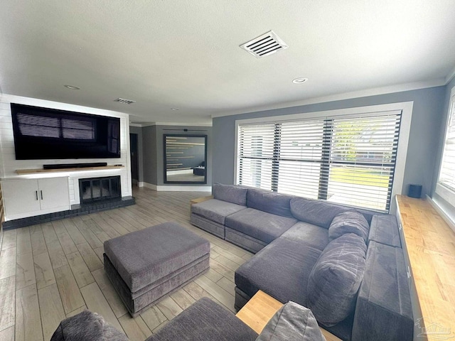 living area with crown molding, visible vents, wood finished floors, and a textured ceiling