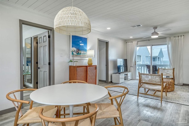 dining space featuring ornamental molding, ceiling fan, wooden ceiling, and light hardwood / wood-style floors