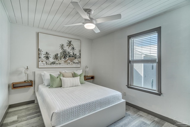 bedroom featuring ceiling fan, wood ceiling, and light wood-type flooring