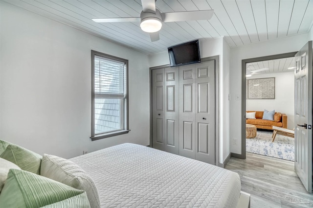 bedroom with light wood-type flooring, ceiling fan, and wooden ceiling