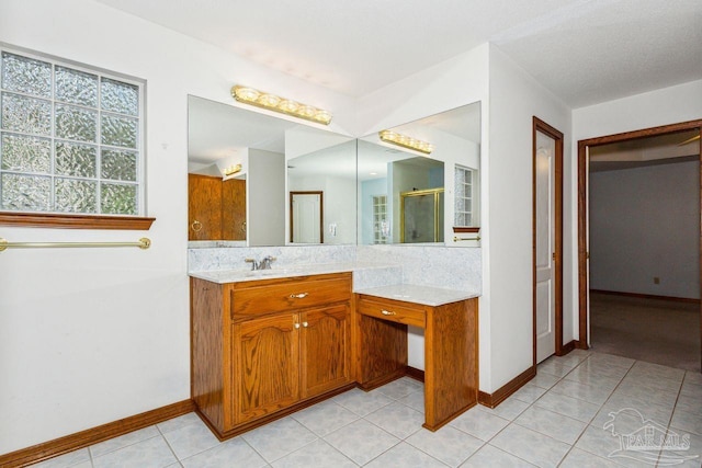 bathroom with tile patterned flooring, vanity, backsplash, and a shower with shower door