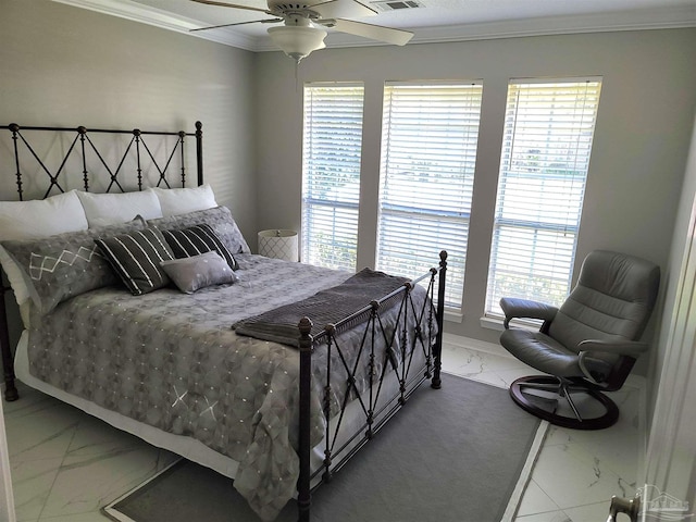 bedroom with marble finish floor, a ceiling fan, visible vents, and crown molding