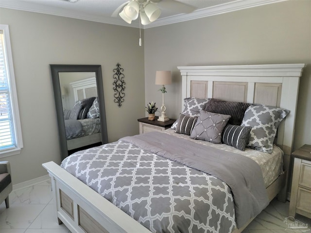 bedroom with baseboards, marble finish floor, and crown molding