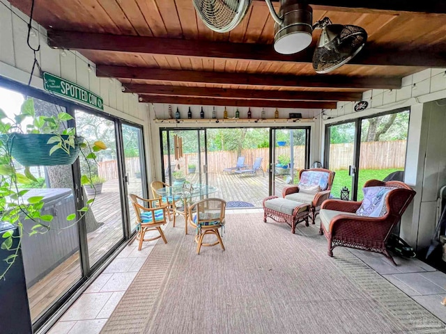 sunroom with beamed ceiling and wood ceiling