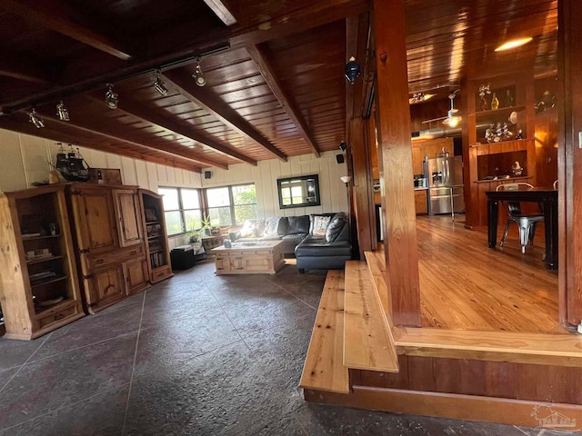 living room featuring dark hardwood / wood-style flooring, wood walls, wood ceiling, and beam ceiling