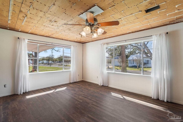 unfurnished room featuring plenty of natural light, wood ceiling, a ceiling fan, and wood finished floors