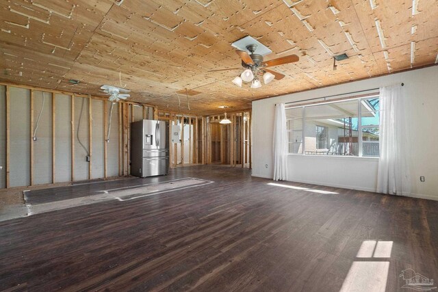 unfurnished living room featuring wood ceiling, ceiling fan, and dark wood-style flooring