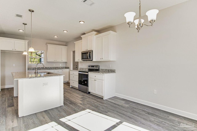 kitchen featuring white cabinetry, visible vents, appliances with stainless steel finishes, and a sink