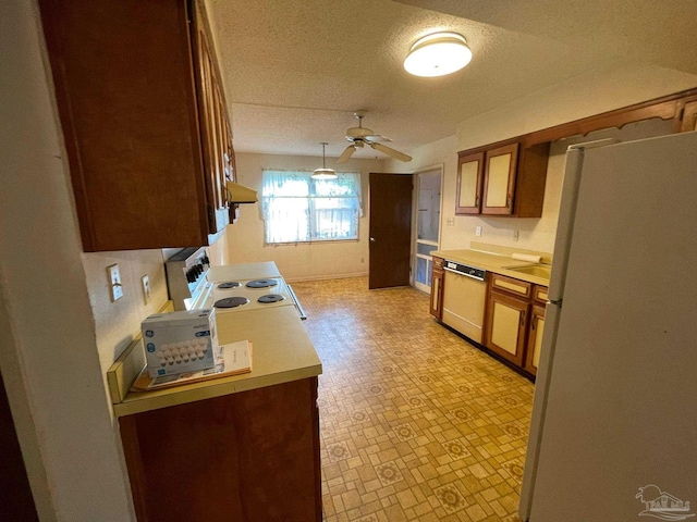 kitchen featuring sink, white appliances, a textured ceiling, and ceiling fan