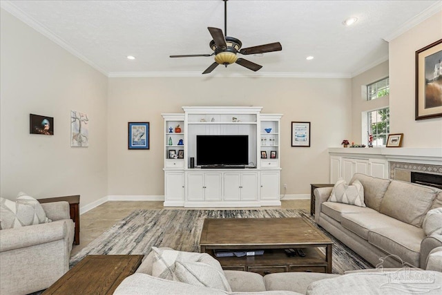 2520 Abbie Elizabeth Ct, Gulf Breeze, FL 32563 - living room featuring ceiling fan, recessed lighting, a stone fireplace, and ornamental molding