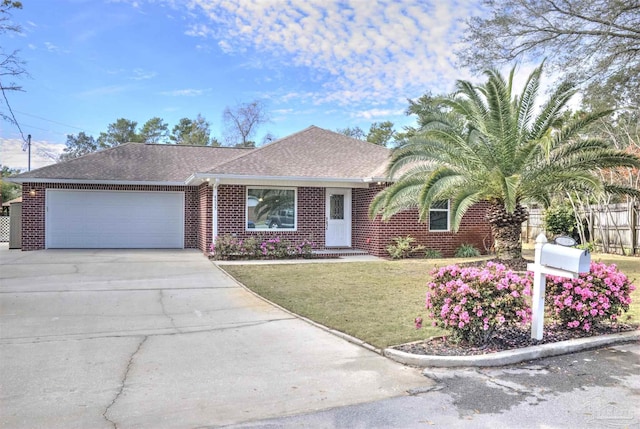 single story home with a garage and a front lawn