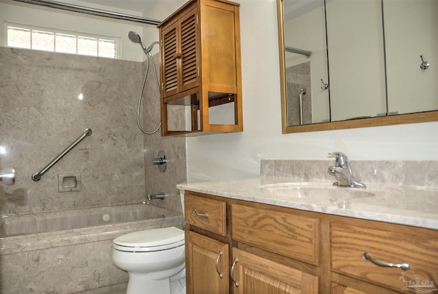 full bathroom with toilet, vanity, and bathtub / shower combination