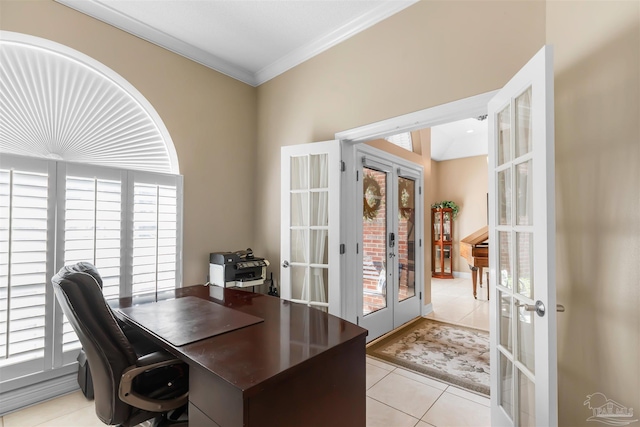 office with light tile patterned flooring, french doors, and plenty of natural light