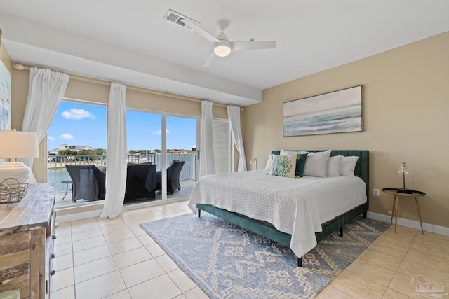 bedroom featuring ceiling fan, access to exterior, and light tile patterned floors