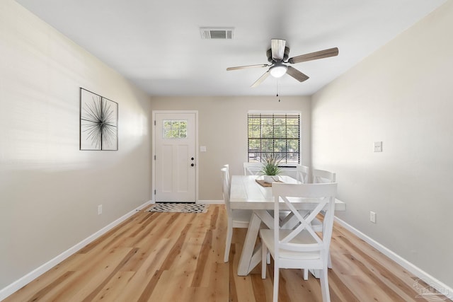 unfurnished dining area featuring light wood-style flooring, visible vents, ceiling fan, and baseboards