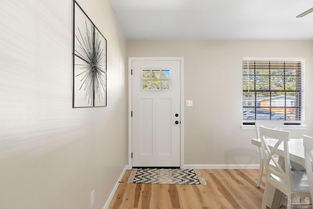 foyer with a wealth of natural light, light wood-style flooring, and baseboards