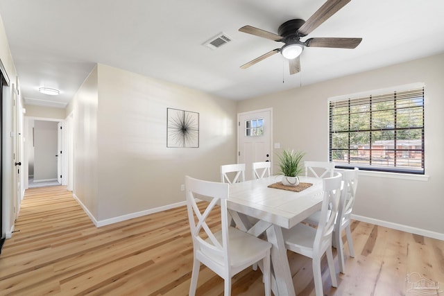 dining room featuring a ceiling fan, light wood-type flooring, visible vents, and baseboards