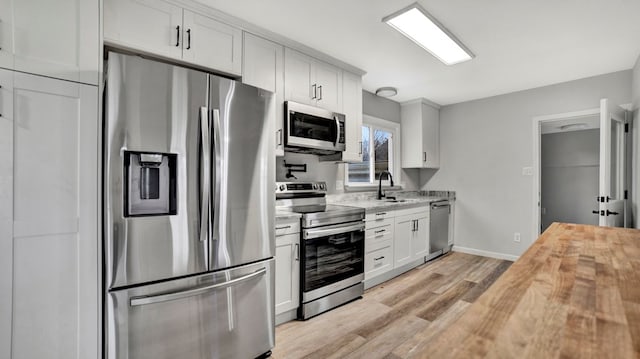 kitchen featuring butcher block counters, sink, white cabinets, and appliances with stainless steel finishes