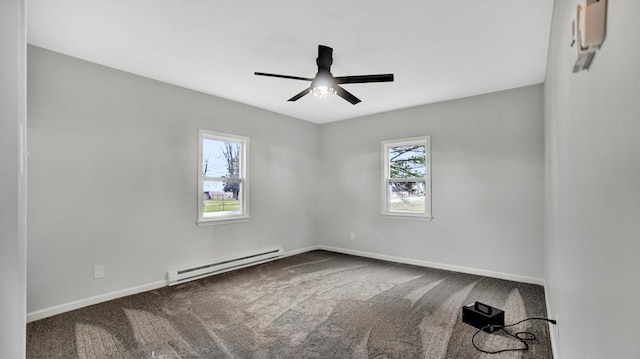 unfurnished room featuring carpet, ceiling fan, and a baseboard radiator