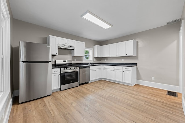 636 Callowhill St, Wooster, OH 44691 - kitchen featuring appliances with stainless steel finishes, under cabinet range hood, dark countertops, and light wood finished floors