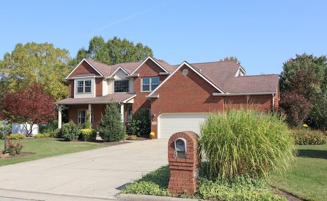 view of front of house featuring a front lawn, concrete driveway, and brick siding