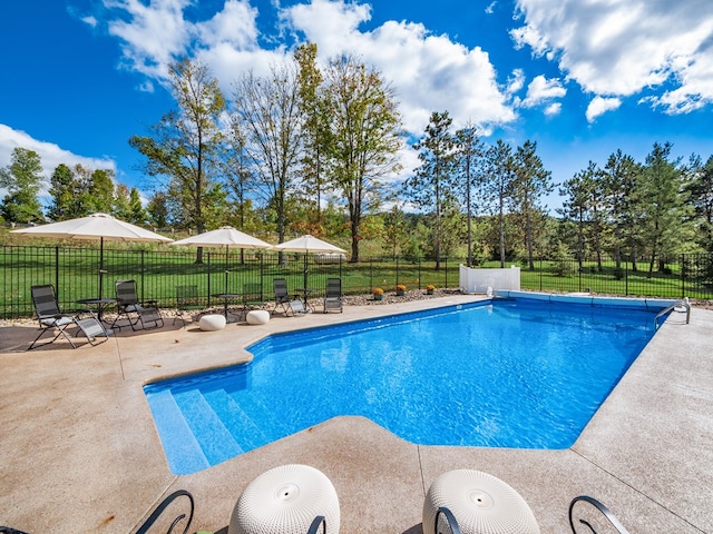 view of swimming pool with a yard and a patio