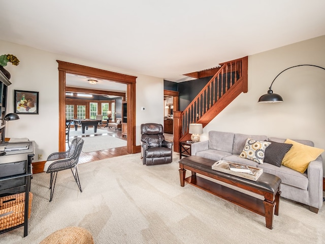 living room featuring french doors, carpet floors, and billiards