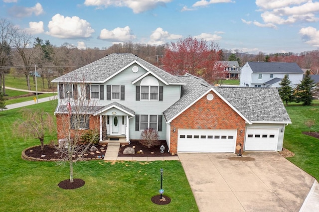 traditional home featuring brick siding, concrete driveway, a front lawn, and an attached garage