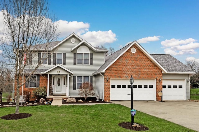 traditional home featuring concrete driveway, brick siding, a front lawn, a shingled roof, and a garage