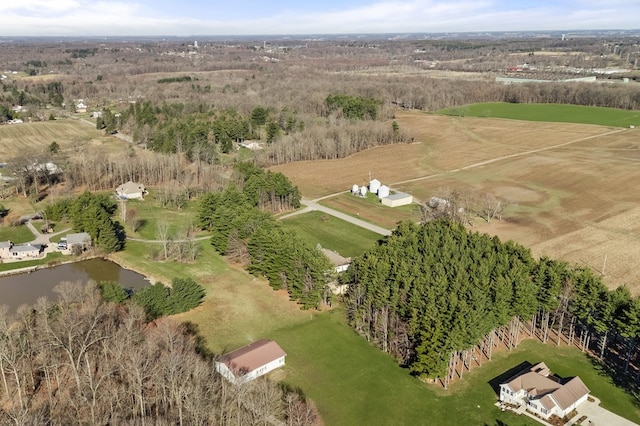 bird's eye view with a water view and a rural view