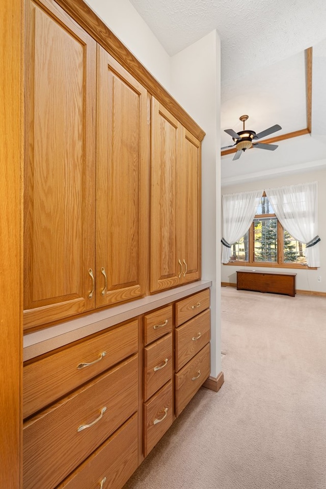 hall featuring baseboards, a textured ceiling, and light colored carpet