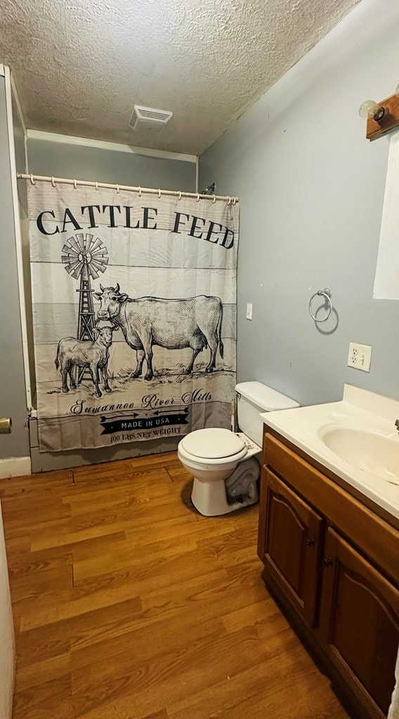 bathroom with hardwood / wood-style floors, vanity, toilet, a textured ceiling, and curtained shower