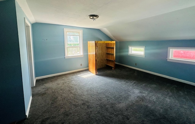 additional living space featuring dark carpet and lofted ceiling