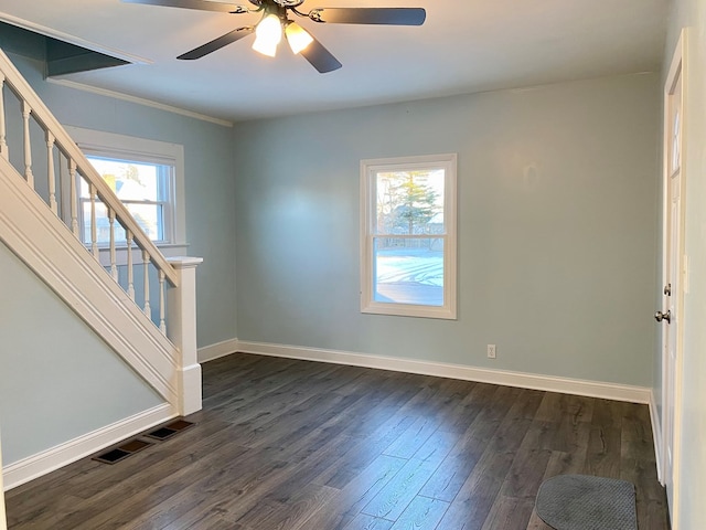 interior space featuring ceiling fan, plenty of natural light, and dark hardwood / wood-style floors