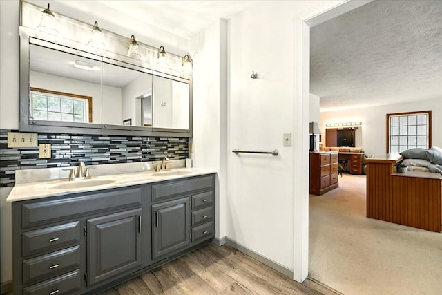 415 Lakeshore Rd, Ashland, OH 44805 - full bathroom with double vanity, backsplash, wood finished floors, and a textured ceiling