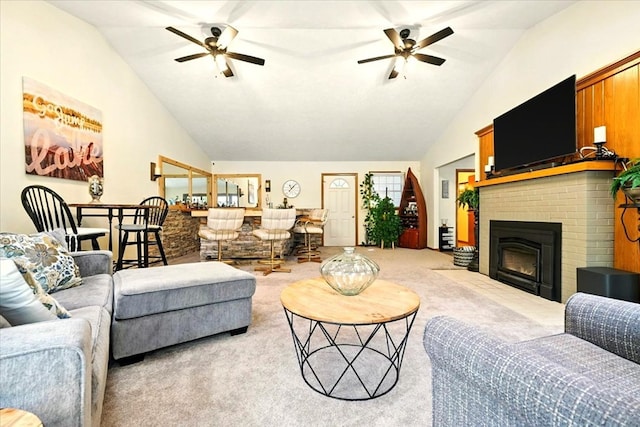 415 Lakeshore Rd, Ashland, OH 44805 - living area with a ceiling fan, carpet floors, high vaulted ceiling, and a fireplace