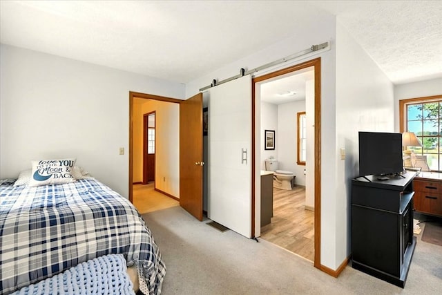 415 Lakeshore Rd, Ashland, OH 44805 - bedroom featuring a barn door, light carpet, and ensuite bathroom