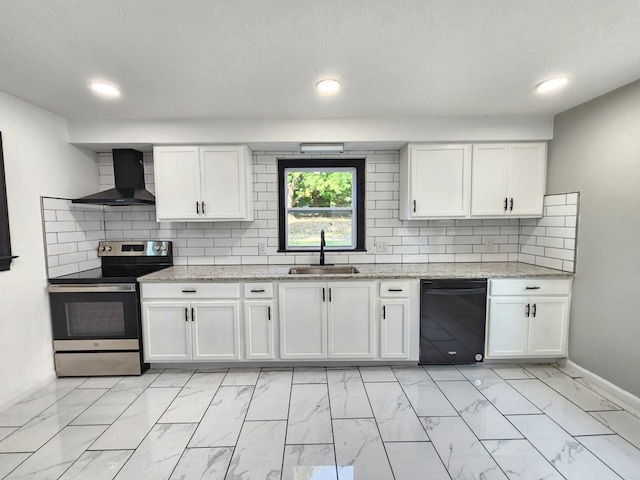 kitchen with wall chimney range hood, sink, white cabinets, and electric stove
