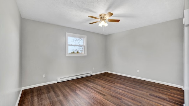 empty room with a textured ceiling, a baseboard radiator, dark hardwood / wood-style floors, and ceiling fan