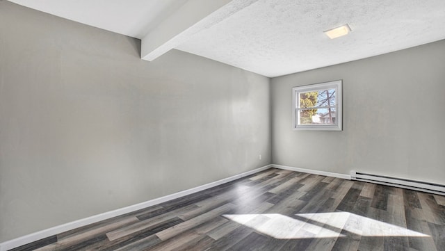 unfurnished room featuring beam ceiling, baseboard heating, a textured ceiling, and dark wood-type flooring