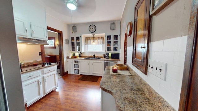 528 Maplewood St, Willard, OH 44890 - kitchen featuring black electric cooktop, under cabinet range hood, stainless steel dishwasher, white cabinetry, and dark wood finished floors